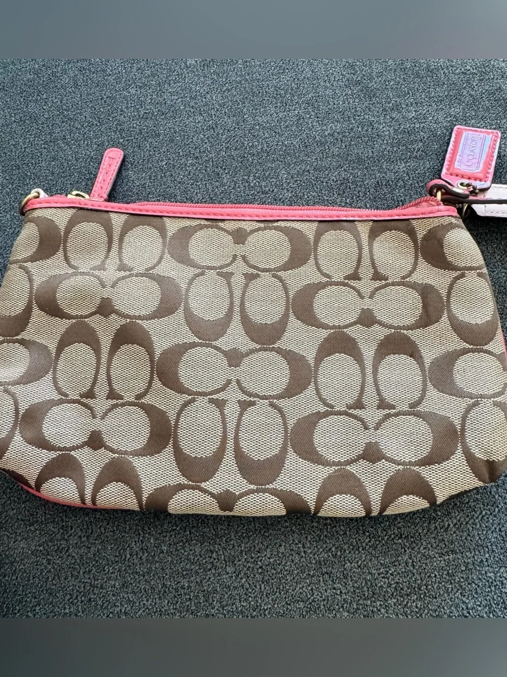 Coach Brown Signature Wristlet with Pink and Cream Stripes